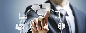 Businessman Interacting with Digital Communication Icons and Global Network Symbols HD wallpaper