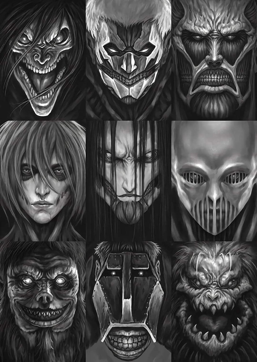 Attack on Titan Nine Titan Forms Black and White Character Portraits HD phone wallpaper