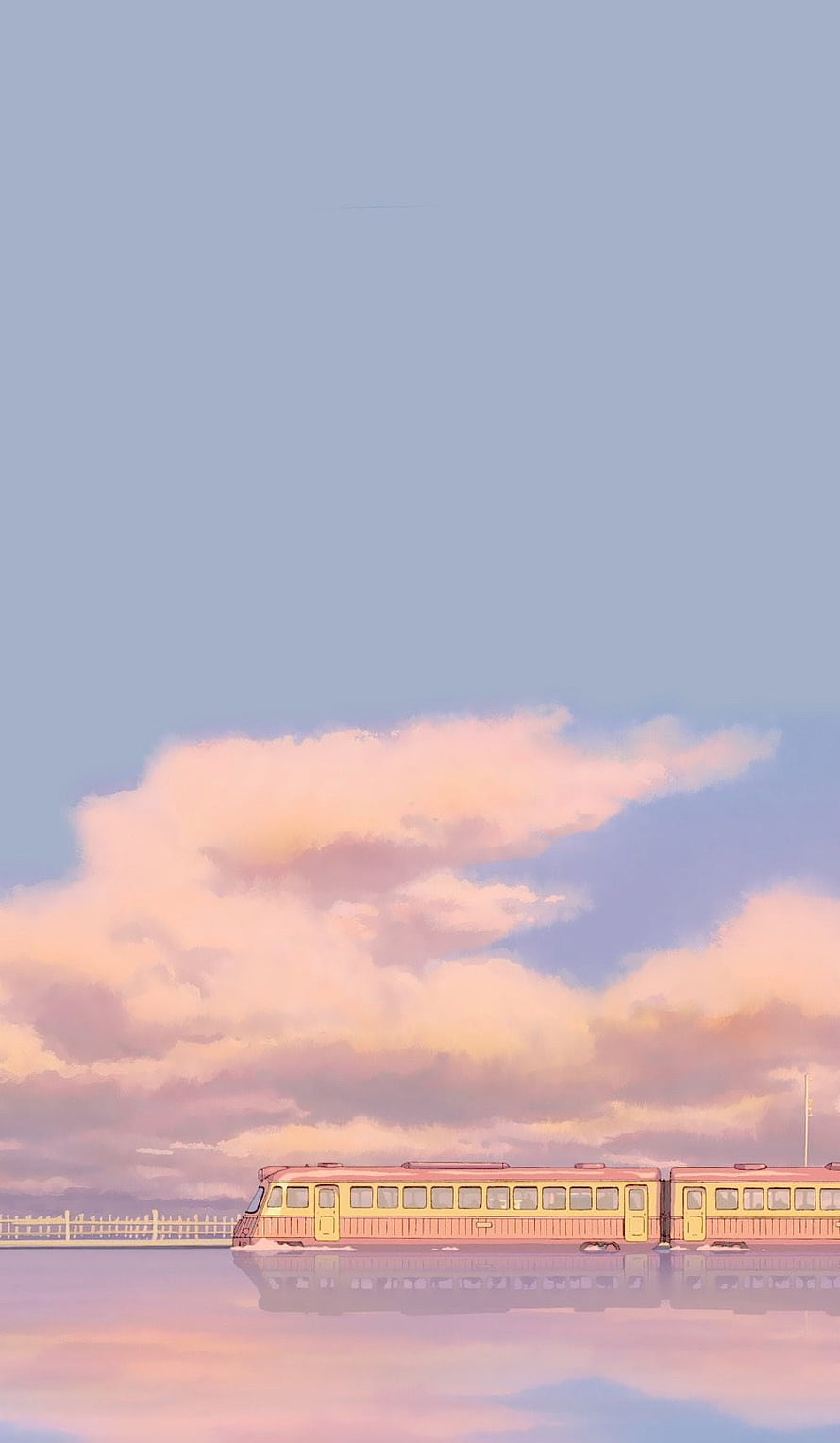 Studio Ghibli Aesthetic Train on Salt Lake with Pastel Sunset Clouds HD phone wallpaper