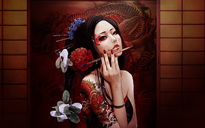 Stylized Japanese Geisha Portrait with Dragon Tattoo and Floral Hair Ornaments HD wallpaper