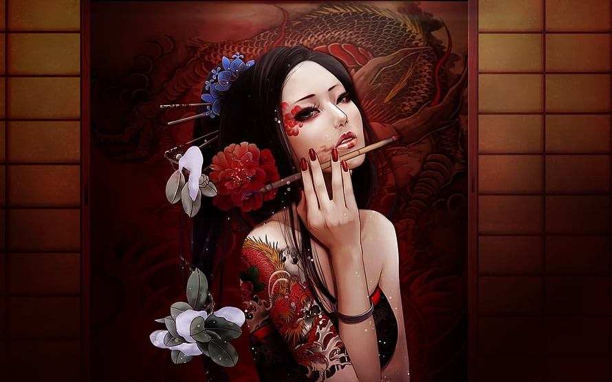 Stylized Japanese Geisha Portrait with Dragon Tattoo and Floral Hair Ornaments HD wallpaper