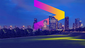 Accenture City Skyline at Dusk with Vibrant Gradient Logo Overlay HD wallpaper