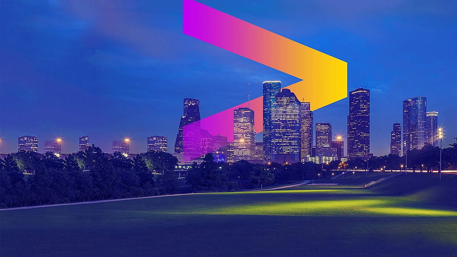 Accenture City Skyline at Dusk with Vibrant Gradient Logo Overlay HD wallpaper