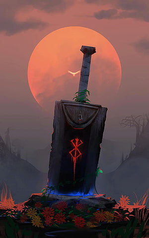 Berserk Guts Sword Monument with Glowing Red Symbol Against a Giant Orange Moon HD phone wallpaper