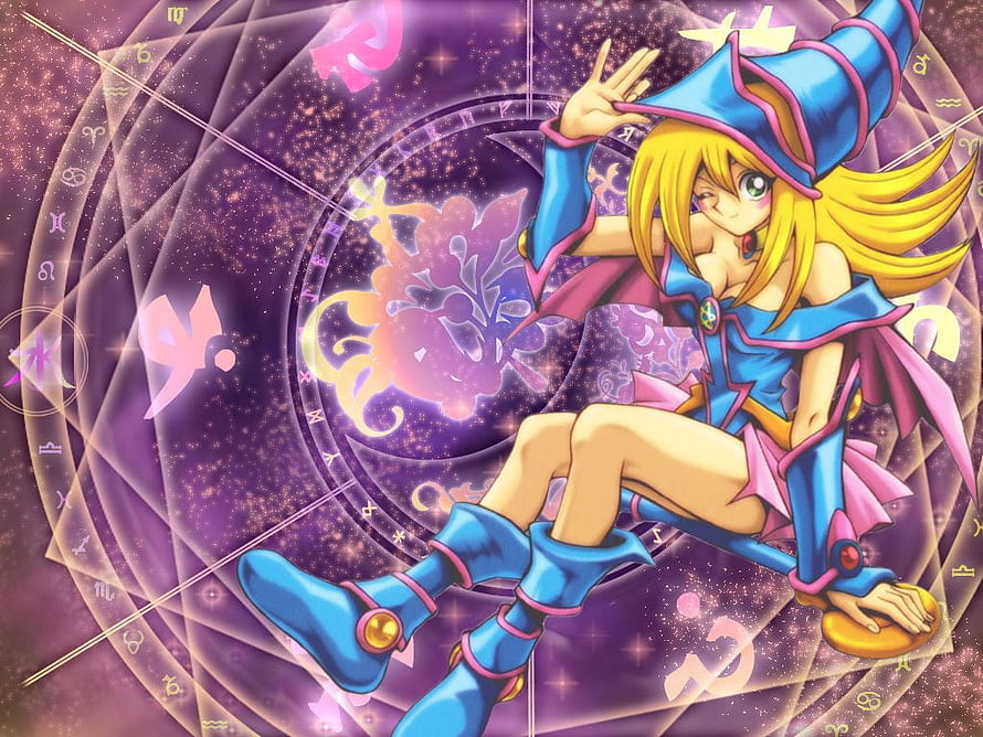 Dark Magician Girl in Blue Wizard Outfit with Purple Magic Circle Background HD wallpaper