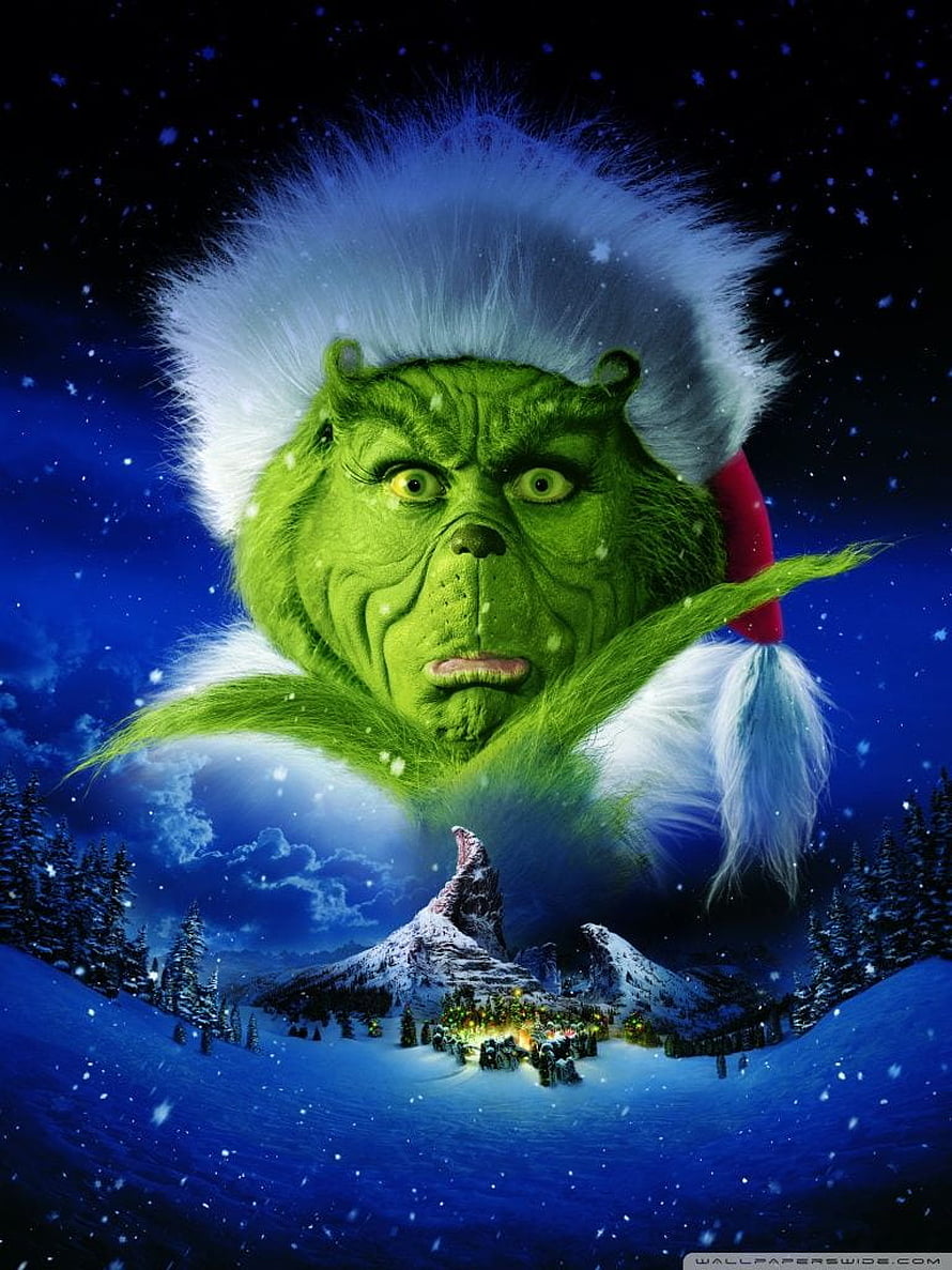 The Grinch in a Santa Hat Over a Snowy Mountain Village at Night HD phone wallpaper