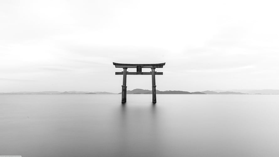 Minimalist Black and White Torii Gate Standing in Calm Water HD wallpaper