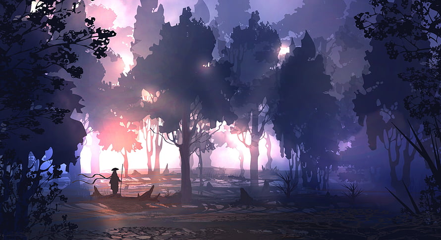 Mystical Forest Landscape with Lone Wanderer at Dawn in Digital Art Style HD wallpaper