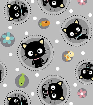 Chococat Cute Black Cat Pattern Wallpaper with Flowers and Toys HD phone wallpaper