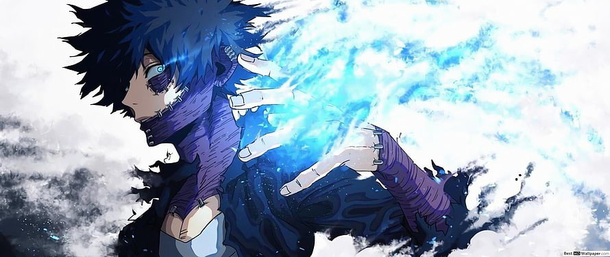 Anime Character Channeling Blue Energy with Spiky Hair and Purple Scarf HD wallpaper