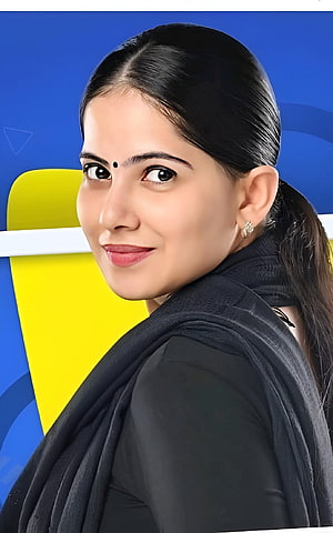 Jaya Kishori Portrait in Black Attire with Blue and Yellow Background HD phone wallpaper