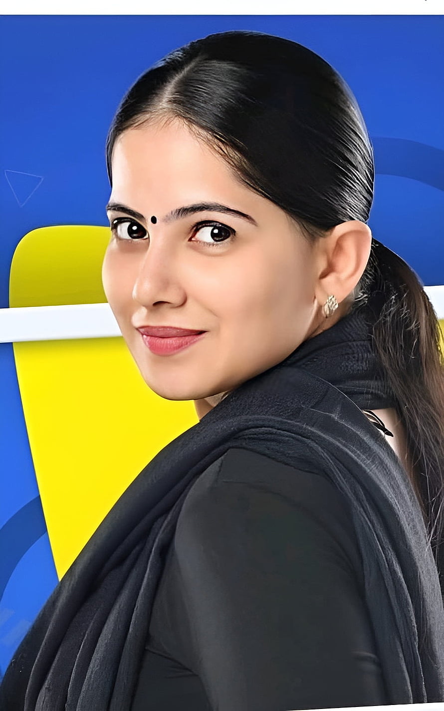 Jaya Kishori Portrait in Black Attire with Blue and Yellow Background HD phone wallpaper
