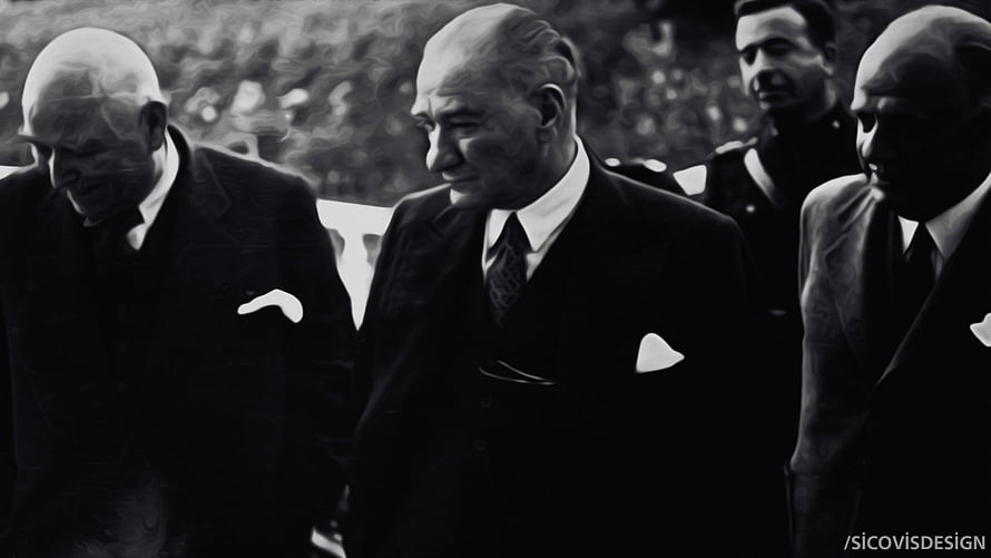 Mustafa Kemal Atatürk in Formal Attire with Dignitaries in Monochrome Portrait HD wallpaper