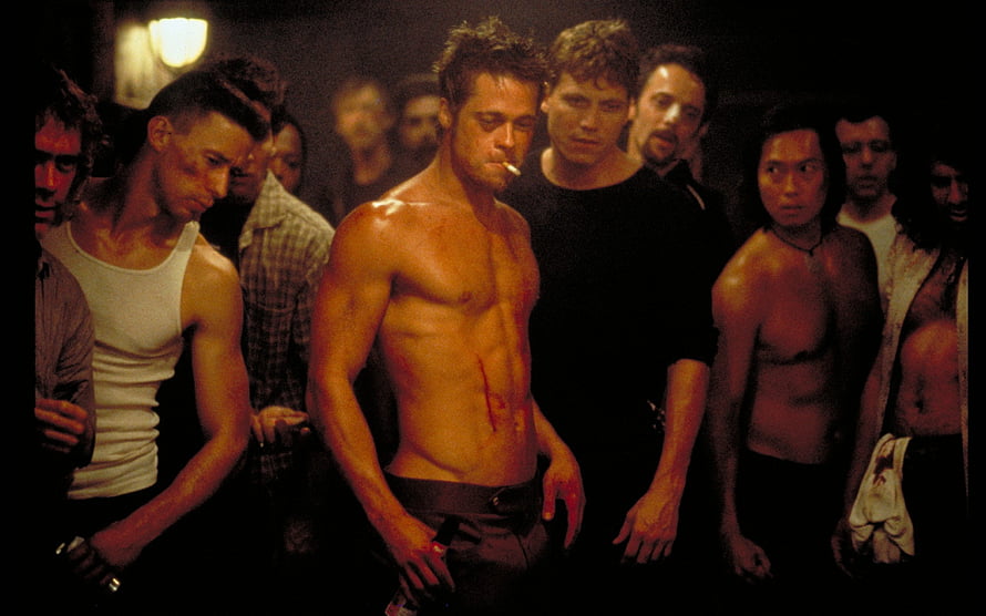 Fight Club Tyler Durden shirtless with cigarette and blood in dark crowd scene HD wallpaper