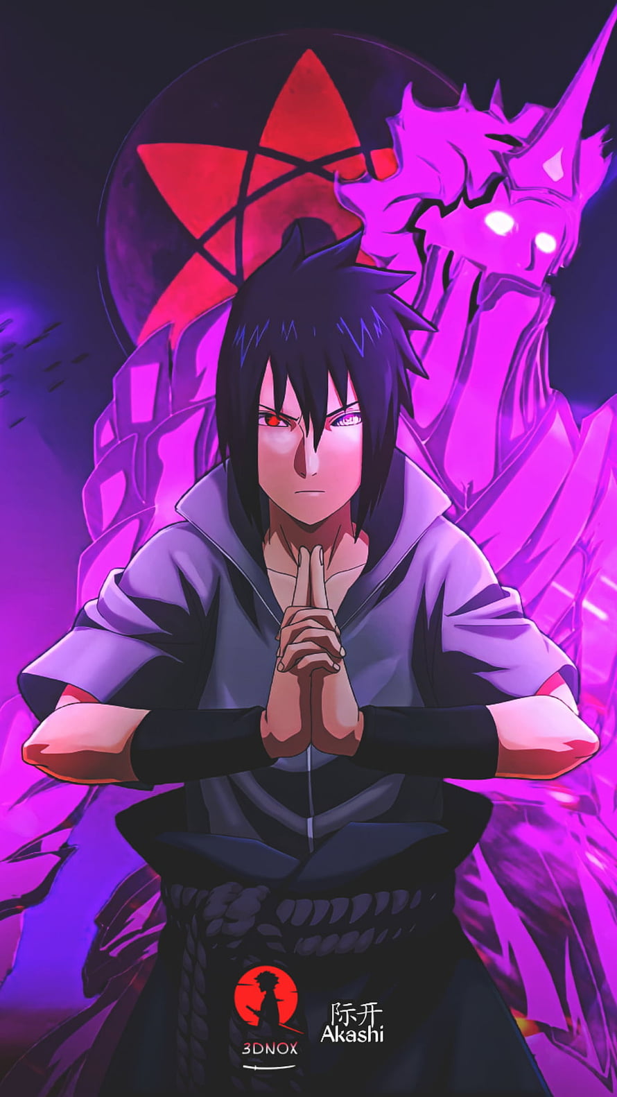 Sasuke Uchiha Anime Character with Rinnegan and Tenseigan Eyes in Purple Chakra Aura HD phone wallpaper