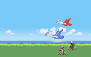Pokemon Emerald Intro Scene With Two Cyclists And Flying Pokemon In Pixel Art Style HD wallpaper