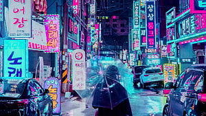 Neon-lit Korean street at night with a person holding a transparent umbrella in the rain HD wallpaper