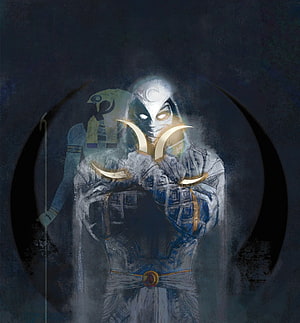 Moon Knight Marvel Character Artwork with Crescent Moon and Egyptian Motifs HD phone wallpaper