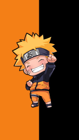 Chibi Naruto Uzumaki in Orange and Black Outfit with Konoha Headband on Split Background HD phone wallpaper
