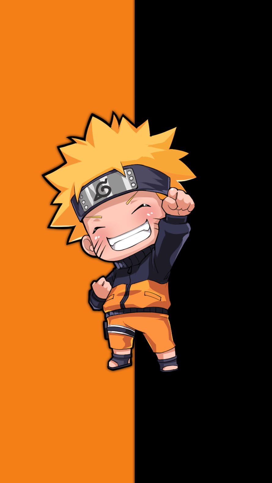 Chibi Naruto Uzumaki in Orange and Black Outfit with Konoha Headband on Split Background HD phone wallpaper