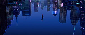 Miles Morales Falling Through a Neon-Lit Cyberpunk Cityscape in Spider-Verse Style HD wallpaper