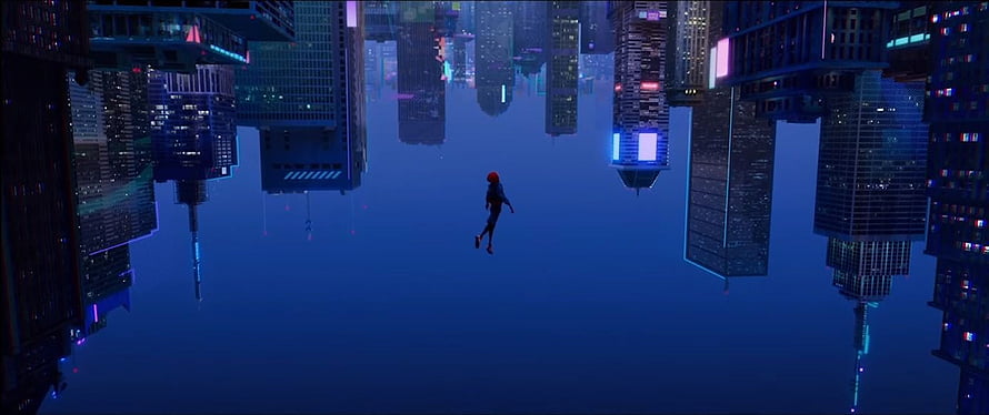 Miles Morales Falling Through a Neon-Lit Cyberpunk Cityscape in Spider-Verse Style HD wallpaper