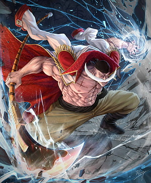 Whitebeard in Dynamic Combat Pose with Red Cape and Sword from One Piece Anime HD phone wallpaper
