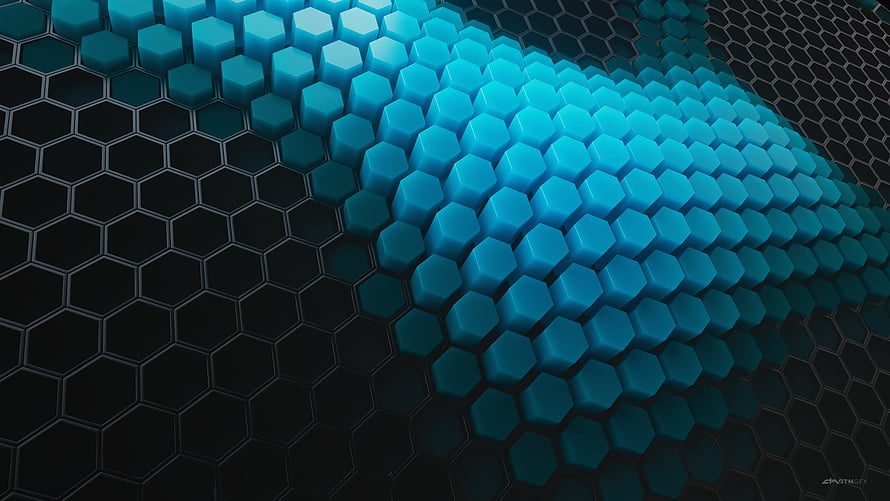 Abstract 3D Hexagonal Grid Pattern with Glowing Cyan Blocks on Dark Background HD wallpaper