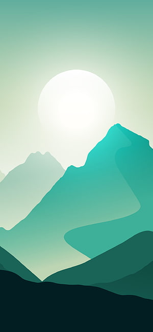 Minimalist Flat Art Mountain Landscape with Large Sun and Teal Gradient Sky HD phone wallpaper