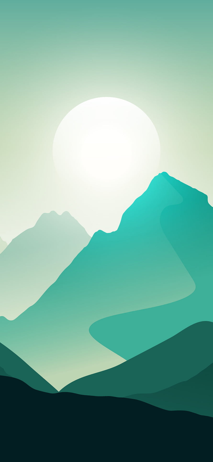 Minimalist Flat Art Mountain Landscape with Large Sun and Teal Gradient Sky HD phone wallpaper