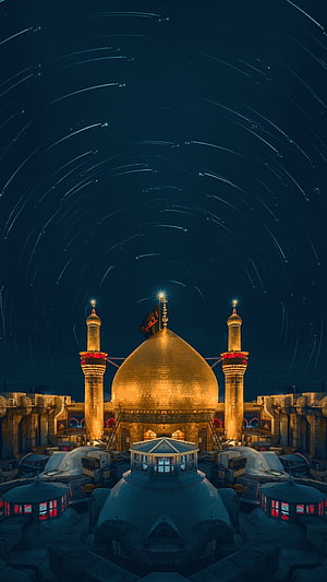 Imam Hussain Shrine in Karbala Under Star Trails at Night HD phone wallpaper