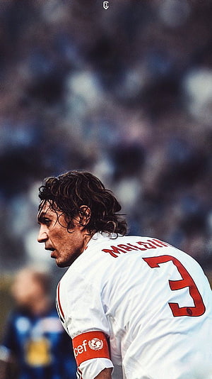 Paolo Maldini in AC Milan White Home Kit with Captain Armband on the Football Pitch HD phone wallpaper