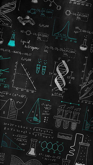 Hand-drawn chemistry and biology doodles on a black chalkboard background HD phone wallpaper