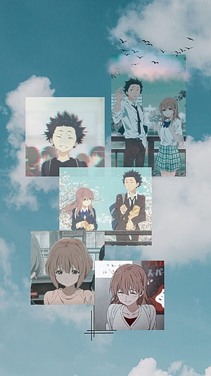A Silent Voice Anime Character Collage Set Against a Cloudy Sky Background HD phone wallpaper