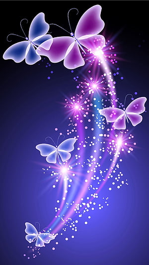 Glowing Blue and Purple Butterflies with Sparkling Light Trails on Dark Background HD phone wallpaper