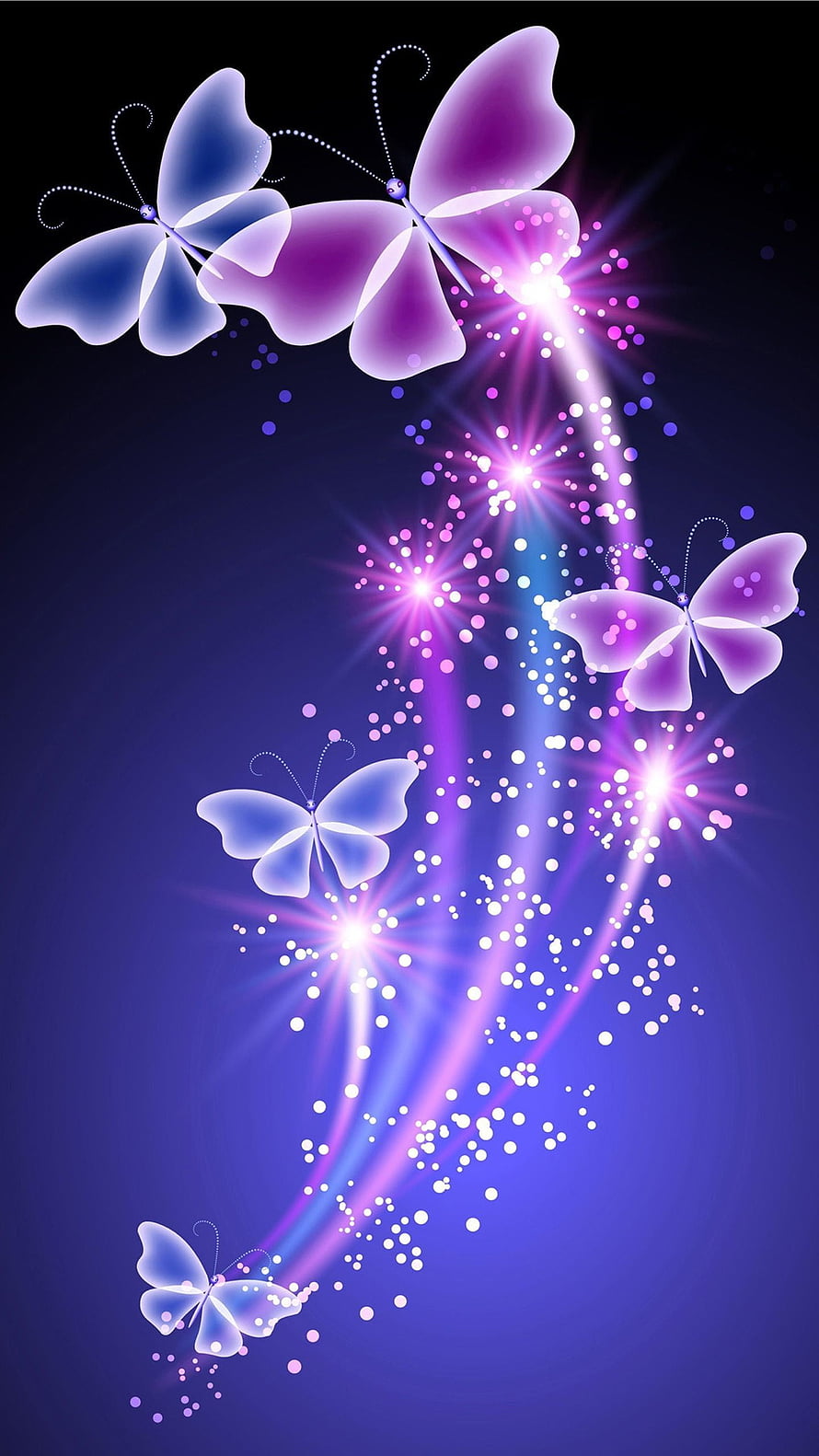 Glowing Blue and Purple Butterflies with Sparkling Light Trails on Dark Background HD phone wallpaper
