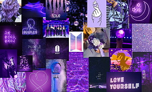 BTS Purple Aesthetic Collage Featuring ARMY Fan Culture and Neon Visuals HD wallpaper