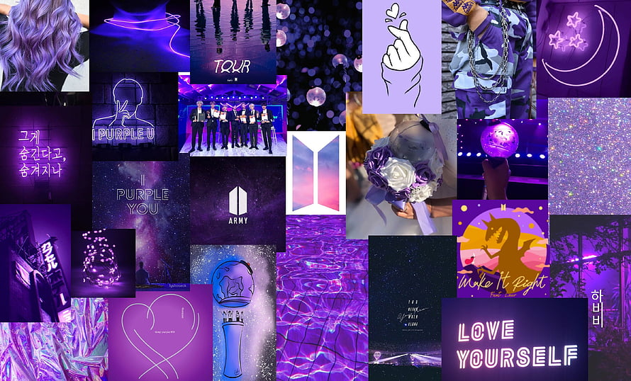 BTS Purple Aesthetic Collage Featuring ARMY Fan Culture and Neon Visuals HD wallpaper