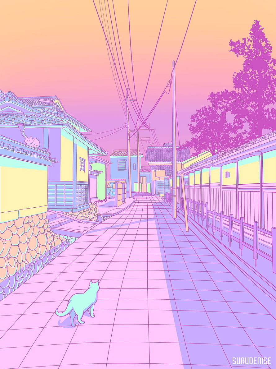 Pastel Japanese Alleyway with Cats and Traditional Houses at Sunset HD phone wallpaper