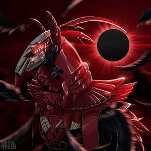 Raven X Suit Blood Ravan Red Samurai Armor with Solar Eclipse and Feathers HD phone wallpaper
