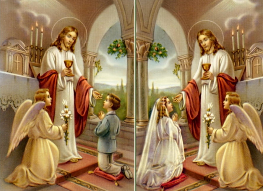 Jesus Christ Offering Holy Communion to Boy and Girl with Angel in Religious Painting HD wallpaper