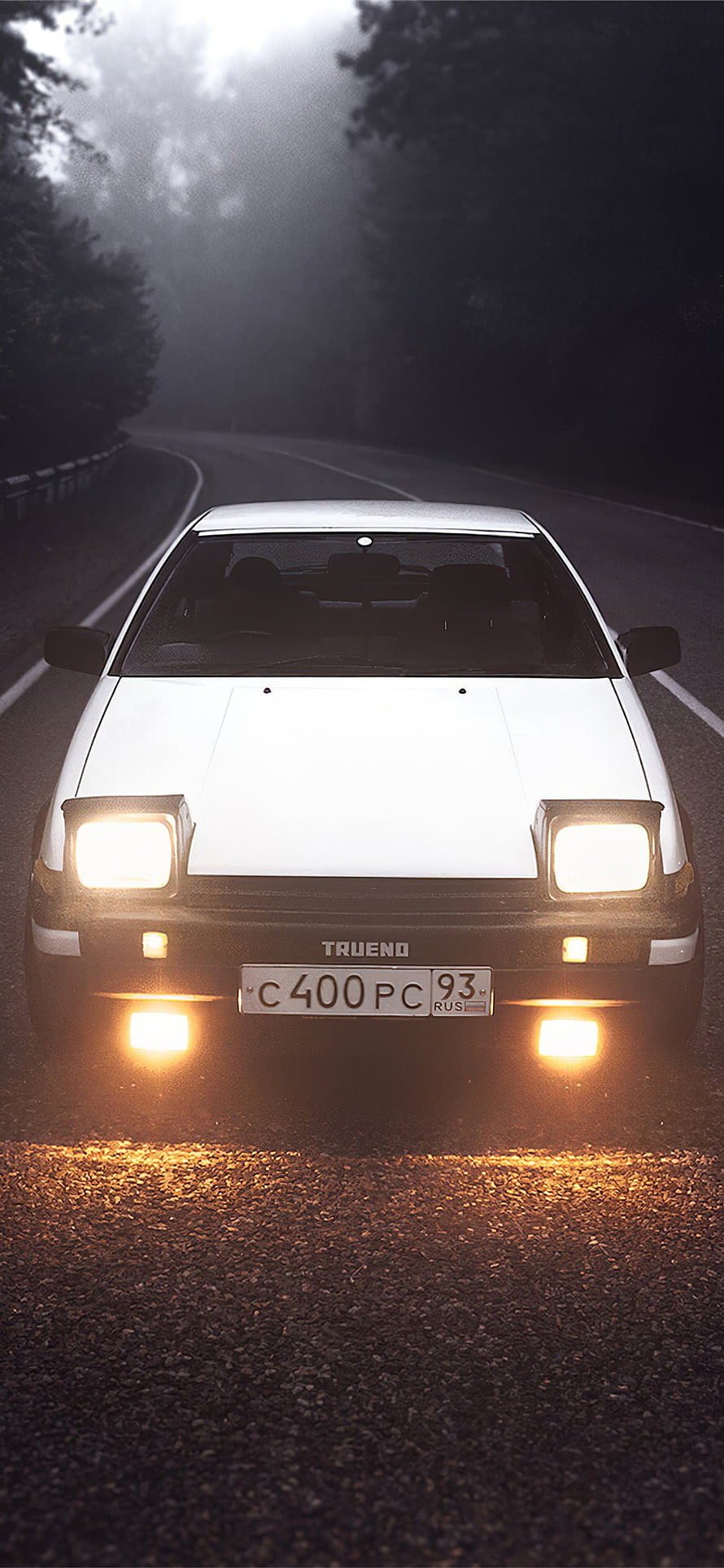 White Toyota AE86 Trueno Front View on a Misty Forest Road at Night HD phone wallpaper