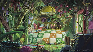 Studio Ghibli Concept Art: Overgrown Bedroom Interior with Patchwork Quilt and Lush Botanicals HD wallpaper