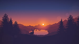 Firewatch Stylized Mountain Sunset with Deer Silhouette and Pine Forest Landscape HD wallpaper