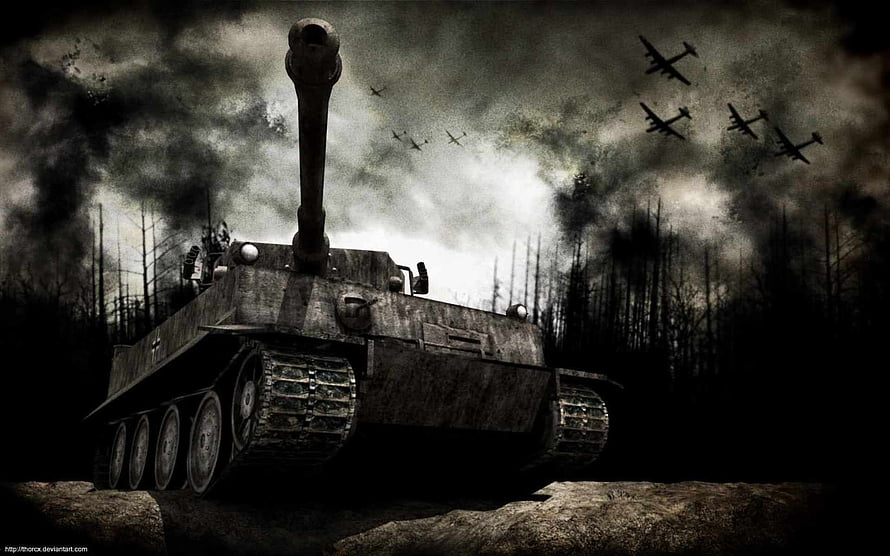 German Panzer Tank on a Battlefield with Warplanes in a Smoky Sky HD wallpaper