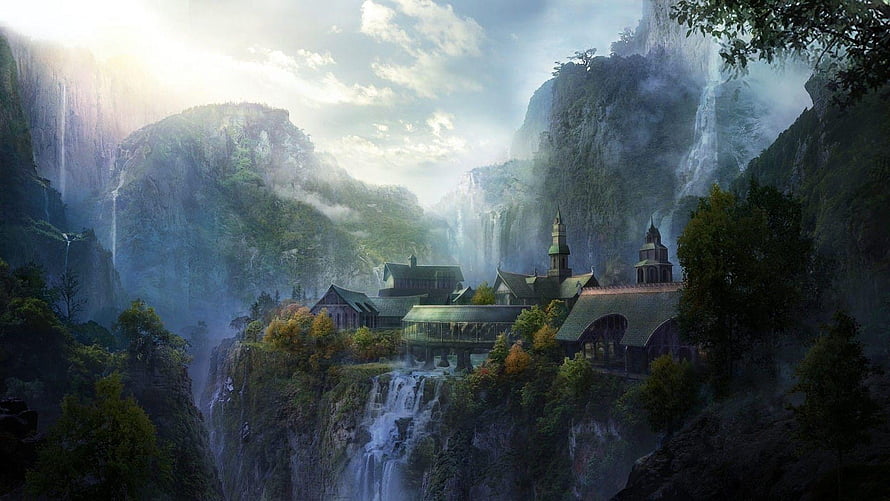 Imladris Elven City in Misty Mountains with Waterfalls and Sunlight HD wallpaper
