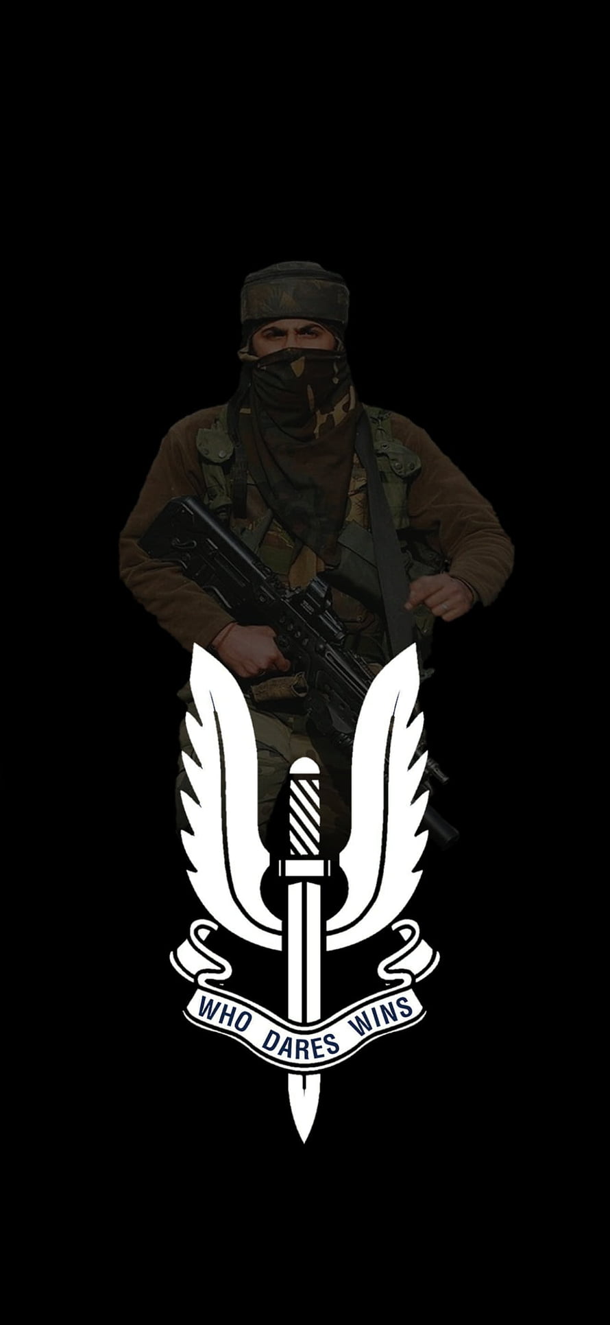 Indian Special Forces Soldier with Rifle and Dagger Emblem on Black Background HD phone wallpaper