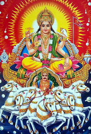 Surya Bhagwan and Lord Vishnu on Seven White Horses in Vibrant Hindu Art HD phone wallpaper