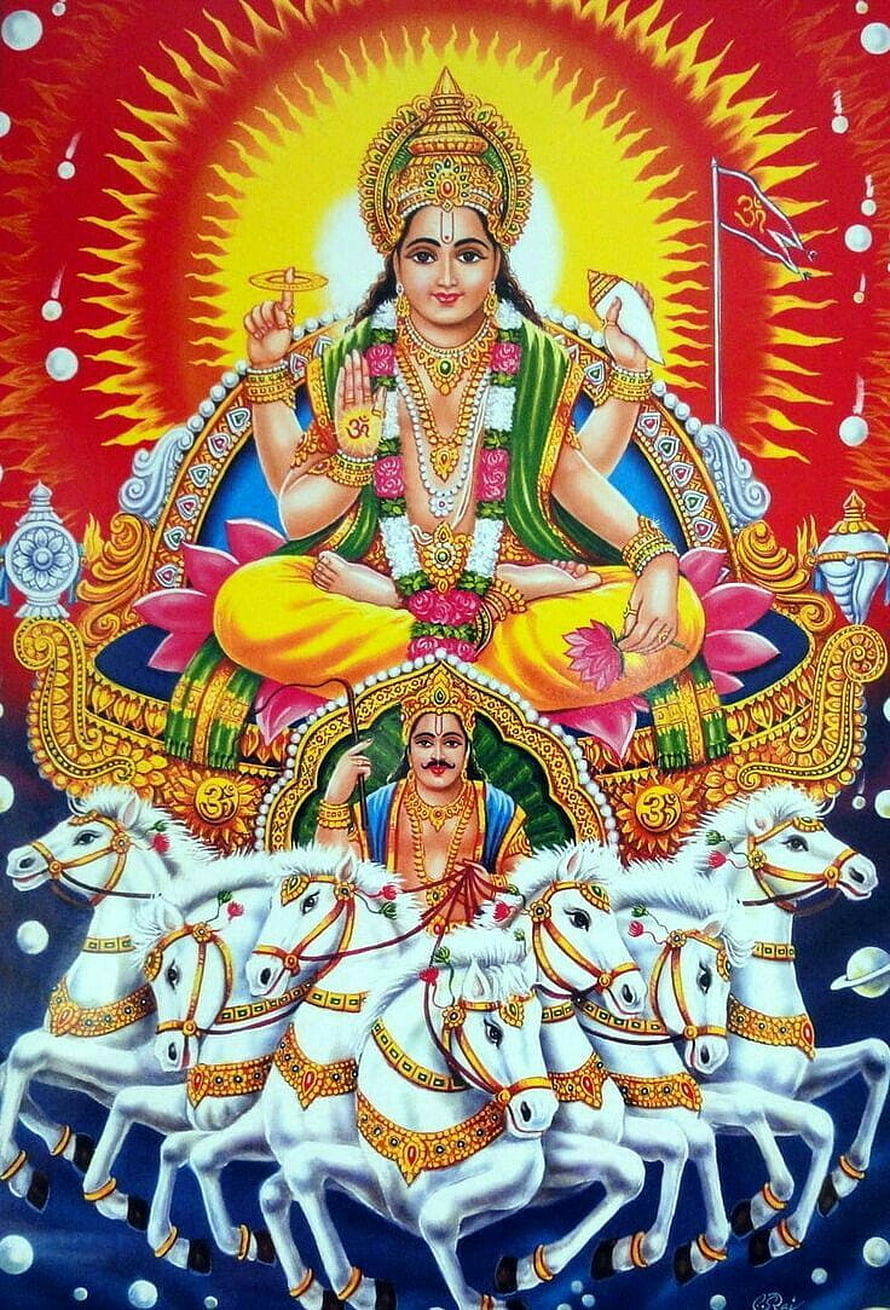 Surya Bhagwan and Lord Vishnu on Seven White Horses in Vibrant Hindu Art HD phone wallpaper