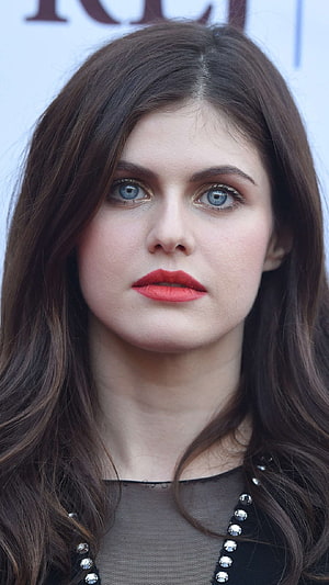 Alexandra Daddario Close-Up Portrait with Red Lipstick and Blue Eyes HD phone wallpaper